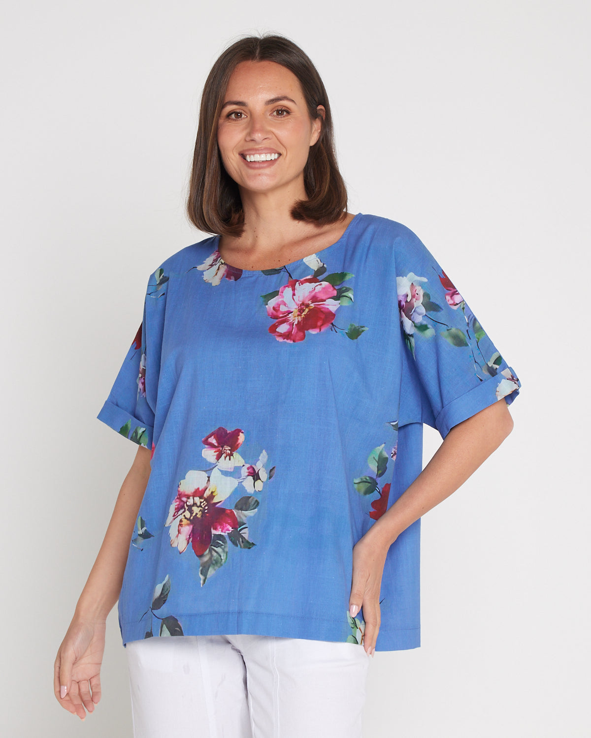 Jasmin Washed Cotton Top - Denim Floral