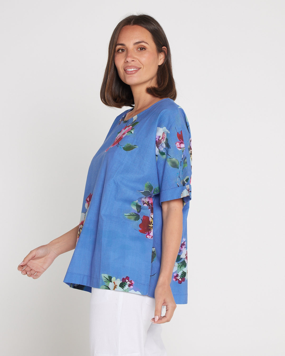 Jasmin Washed Cotton Top - Denim Floral