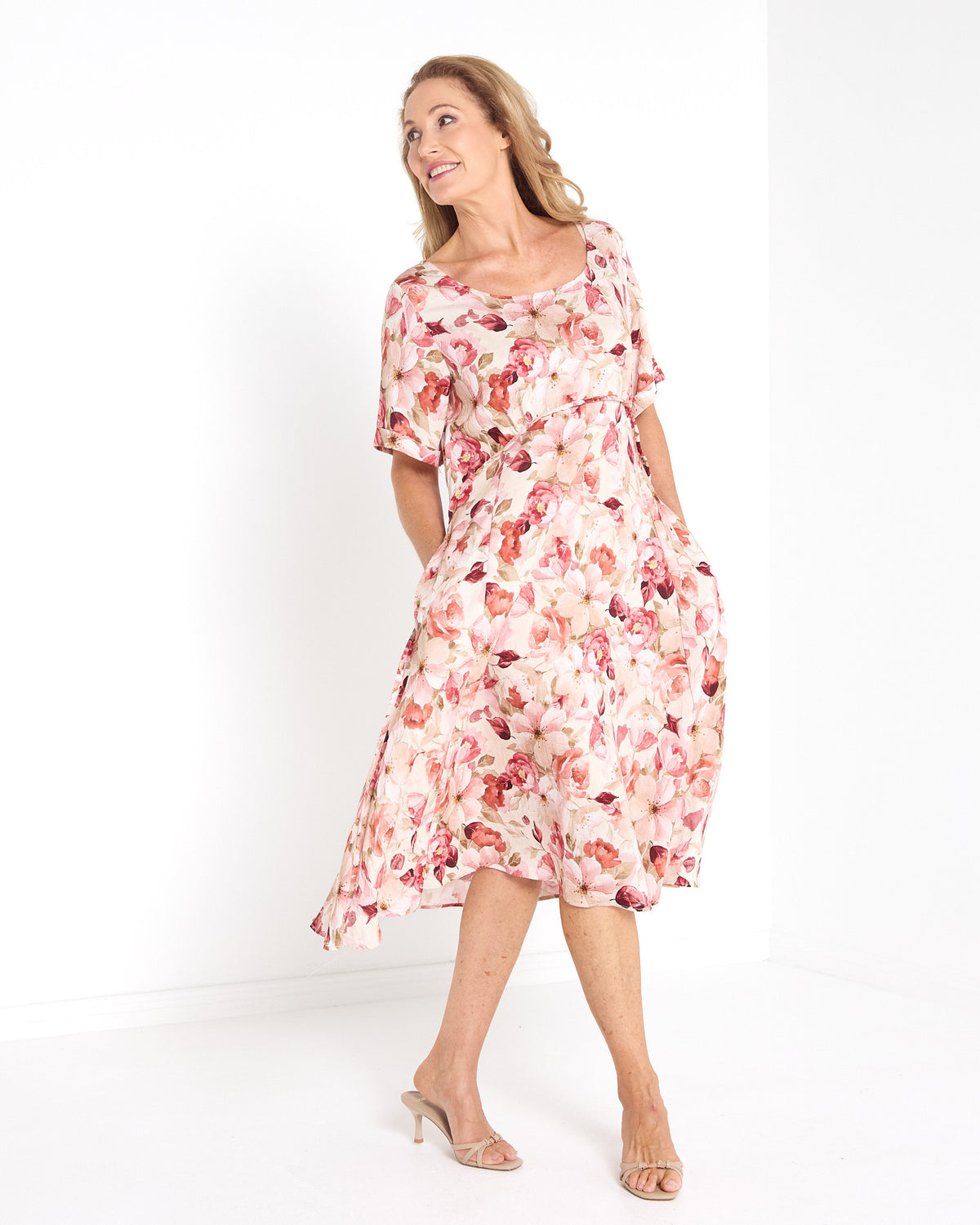 Wellington Dress - Pink Floral: front view on model