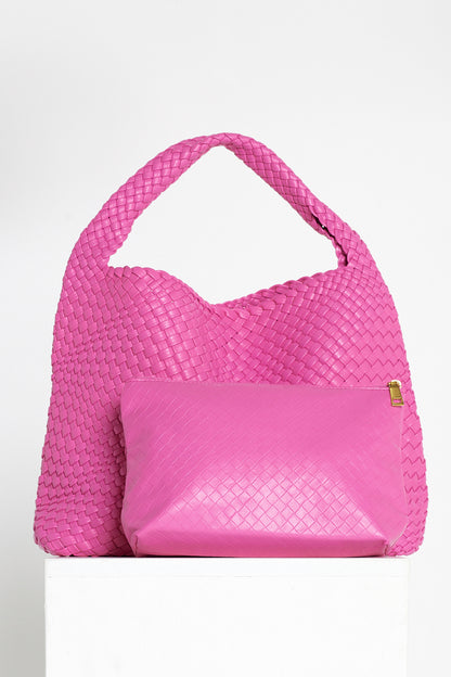 Woven Slouch Bag & Clutch - Magenta