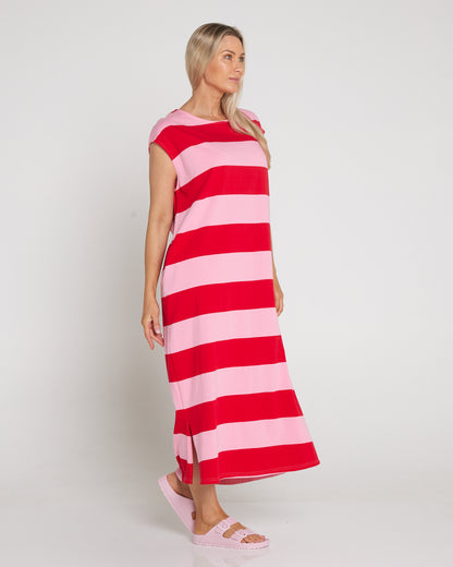 Jardin Stripe Cotton T-Shirt Dress - Garnet