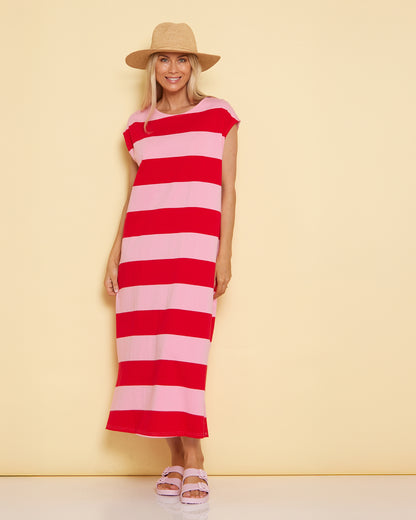 Jardin Stripe Cotton T-Shirt Dress - Garnet