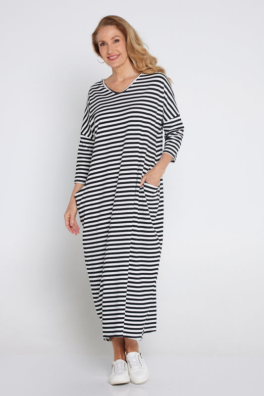 Emmy Maxi Dress - White Black Stripe