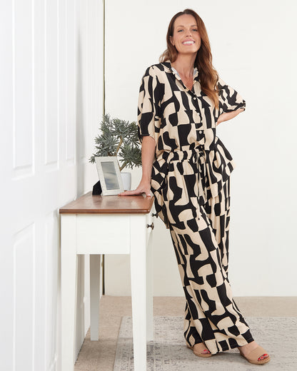 Kara Comfort Shirt & Demi Pants - Black/Cream Contemporary