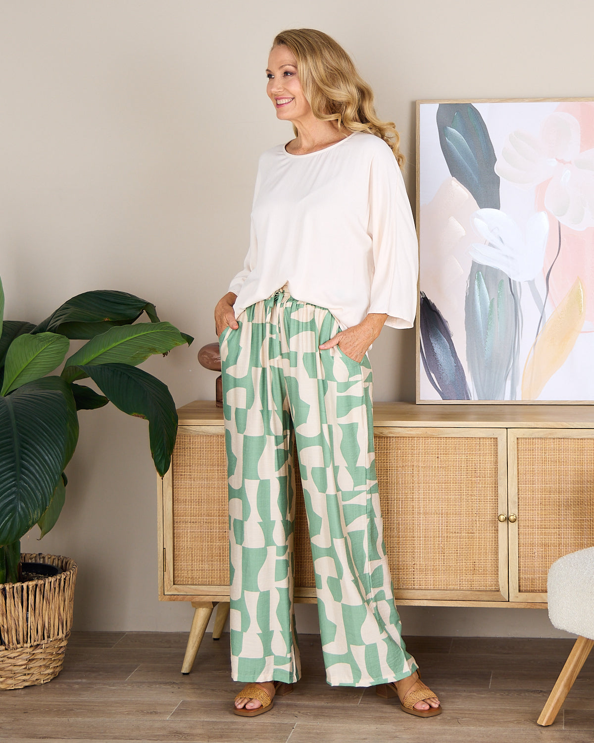 Demi Wide Leg Pants - Sage/Sand