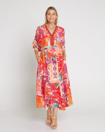 Araya Dress V Maxi - Sunset Patchwork