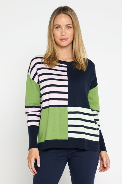 Fig Mixed Knit - Navy/Green Stripe