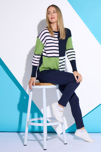 Fig Mixed Knit - Navy/Green Stripe