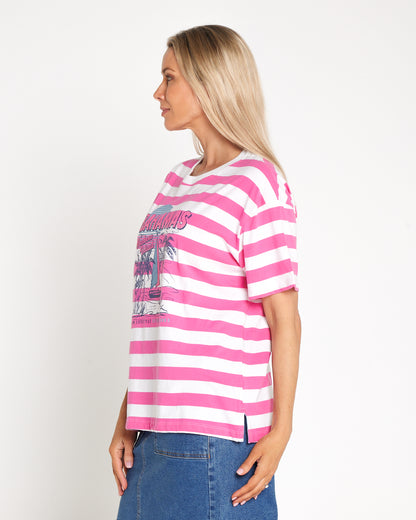 Viaggio Cotton Tee - Pink White Stripe