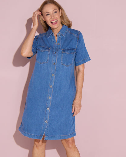 Cora Denim Dress - Mid Wash Blue
