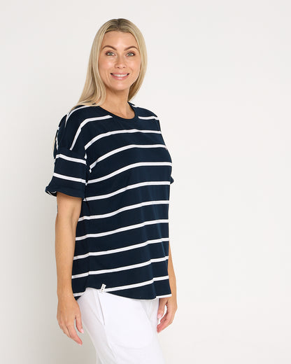 Halli Short Sleeve Cotton Tee - Navy/Stripe