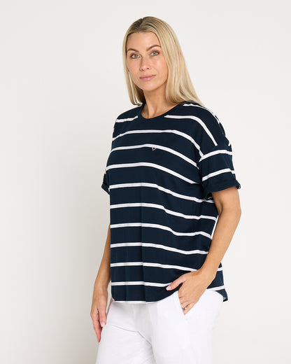 Halli Short Sleeve Cotton Tee - Navy/Stripe