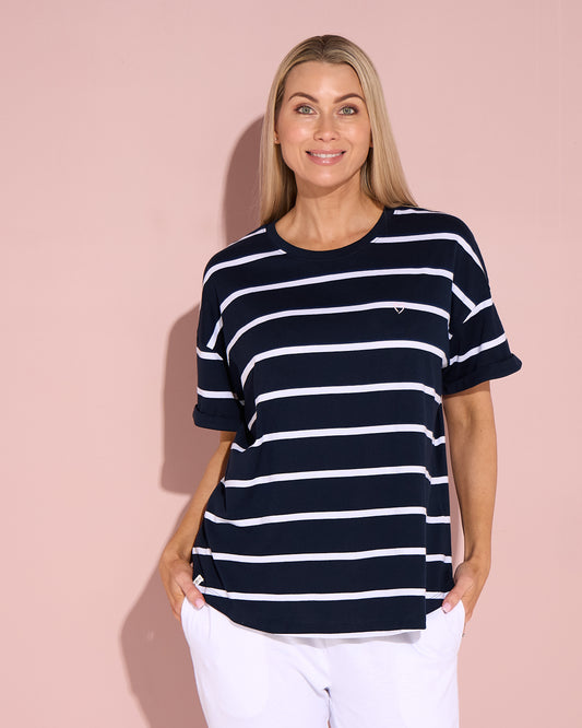 Halli Short Sleeve Cotton Tee - Navy/Stripe