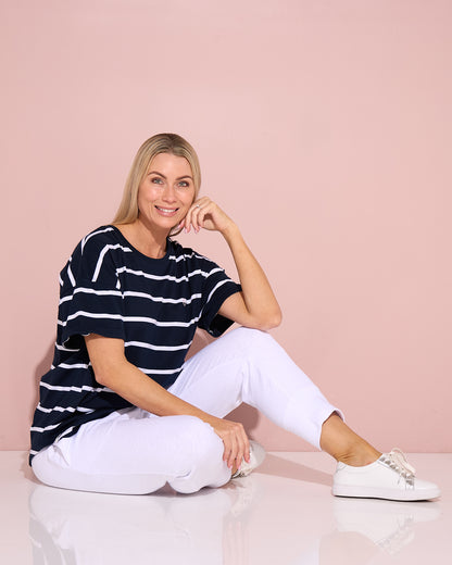 Halli Short Sleeve Cotton Tee - Navy/Stripe
