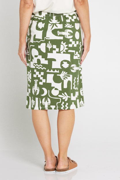 Postcard Skirt - Khaki and Cream Print