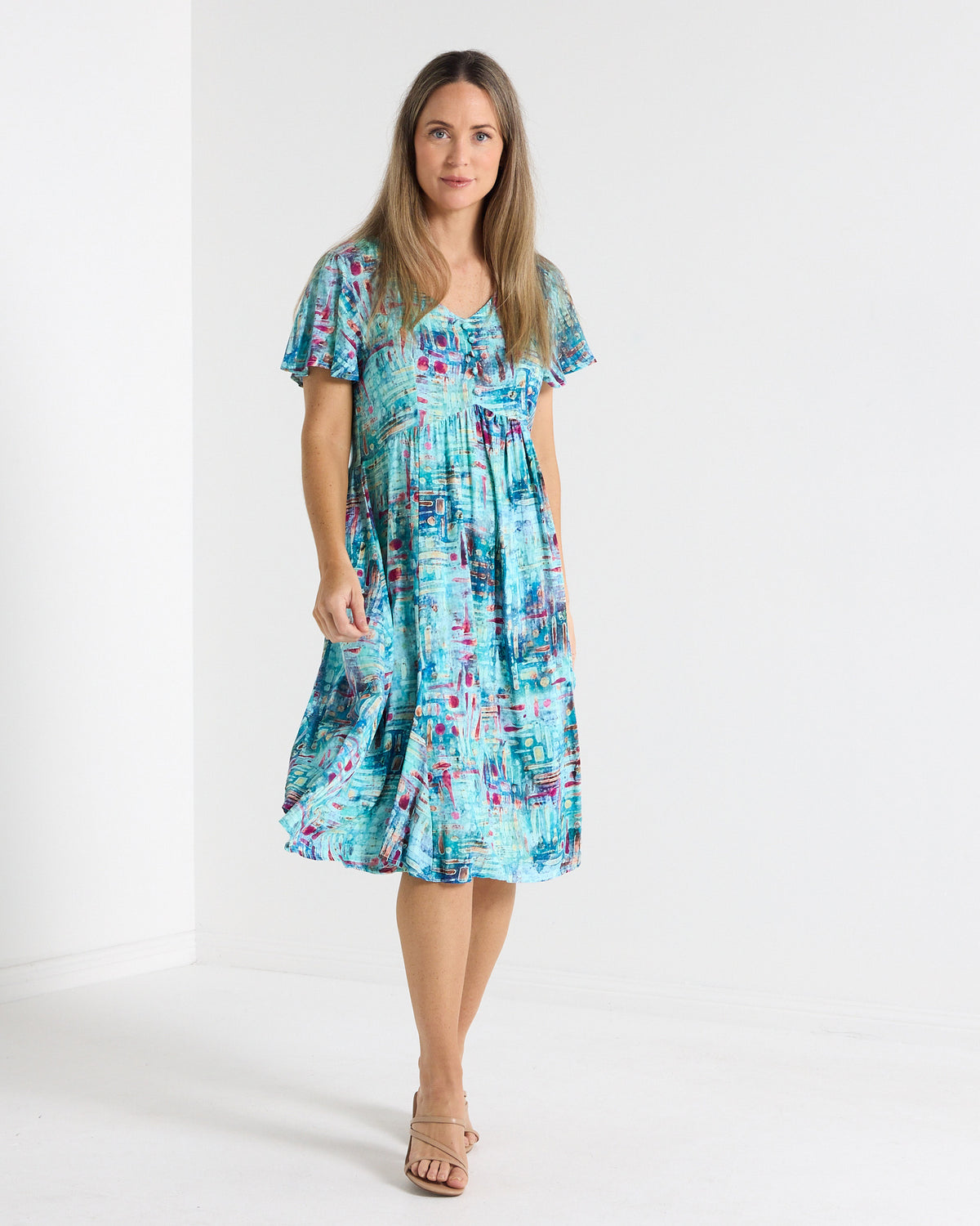 Cornwall Petite Dress in aqua mosaic print, full-length front view with flutter sleeves and V neckline