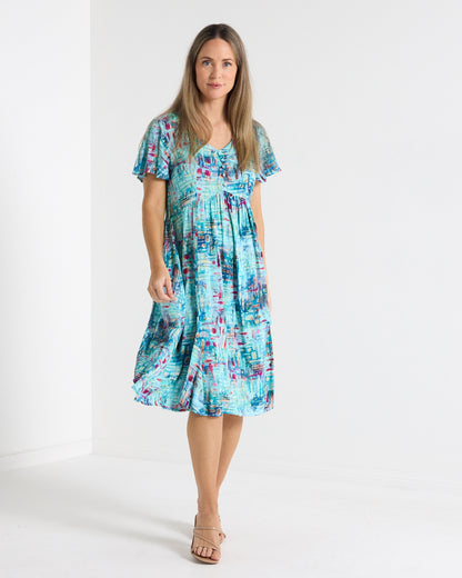 Cornwall Petite Dress in aqua mosaic print, full-length front view with flutter sleeves and V neckline
