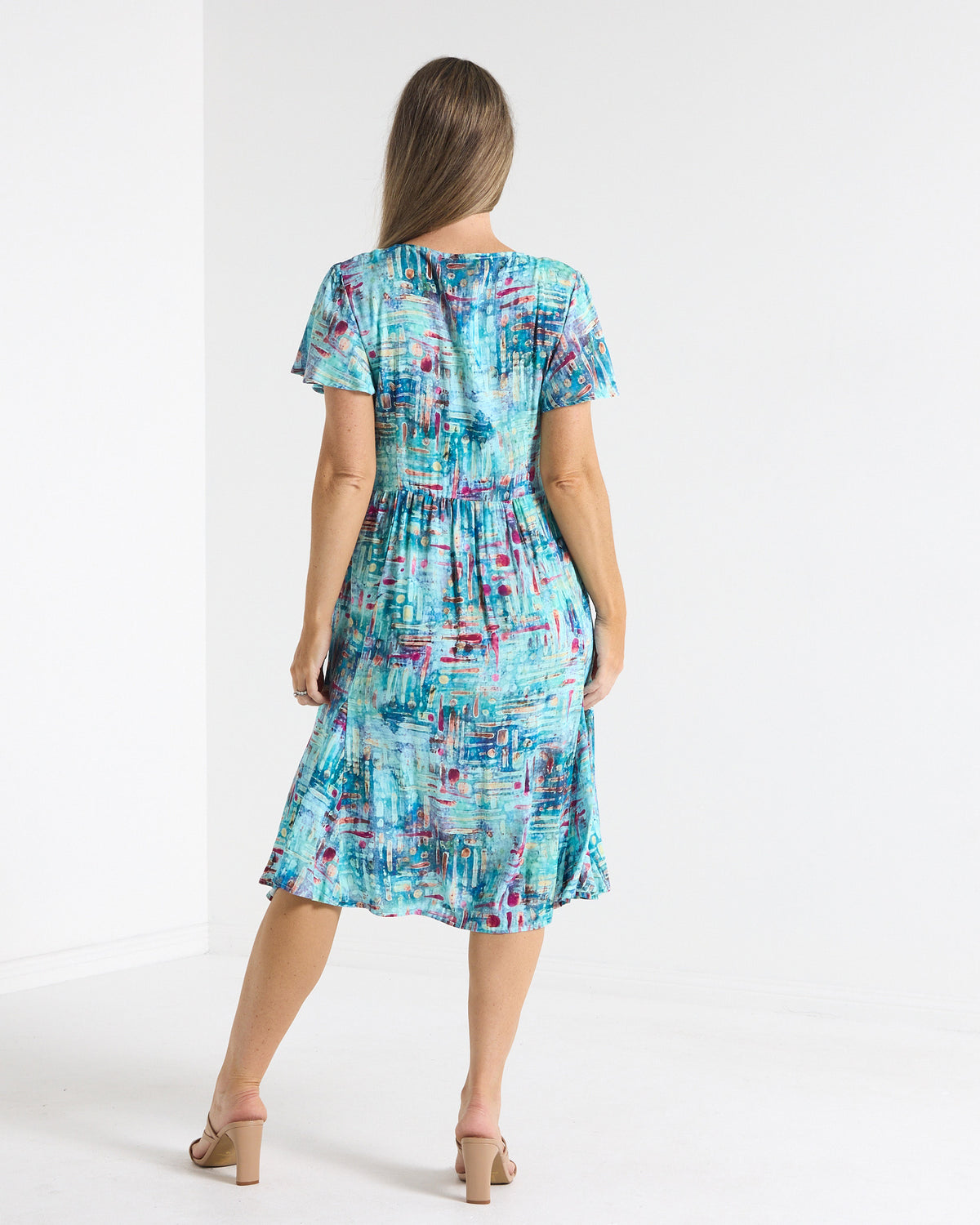 Cornwall Petite Dress in aqua mosaic print, back view