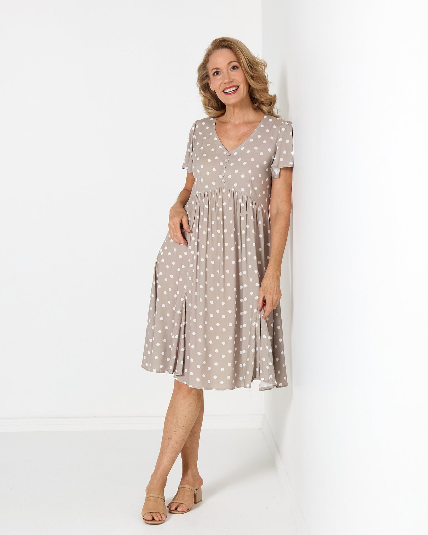Cornwall Petite Dress - Taupe Spot