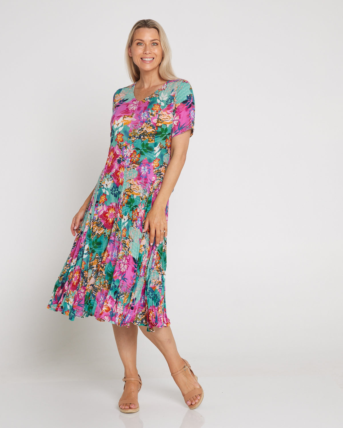 Short Sleeve Godet Dress - Selaron