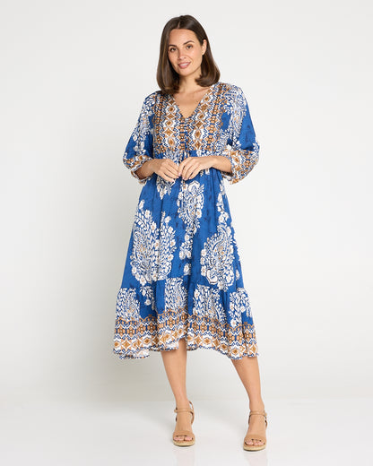 Ainsley Dress - Blue Jacobean