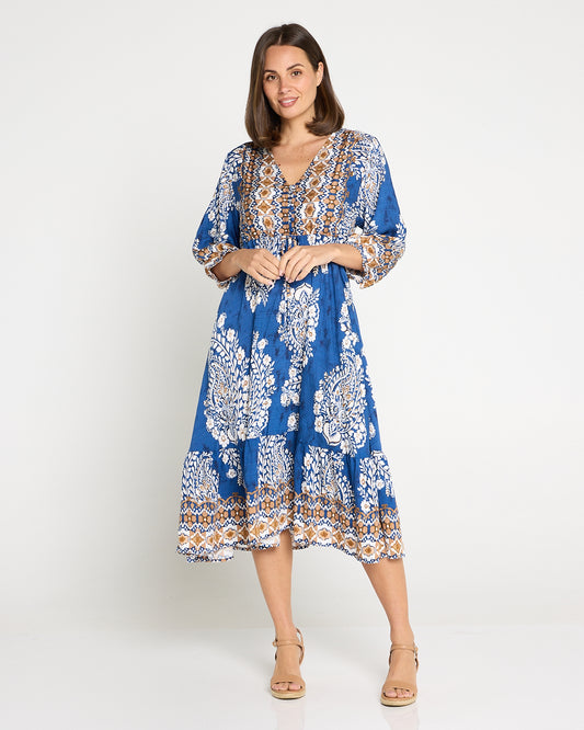 Ainsley Dress - Blue Jacobean