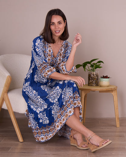 Ainsley Dress - Blue Jacobean