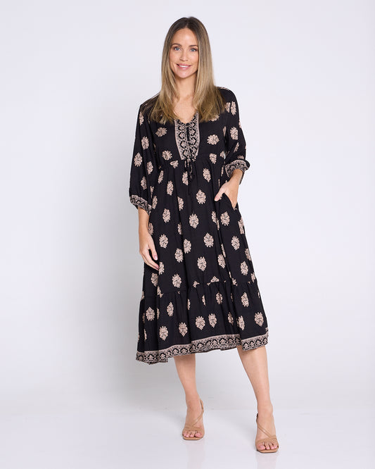 Ainsley Dress - Black/Bronze Flourish