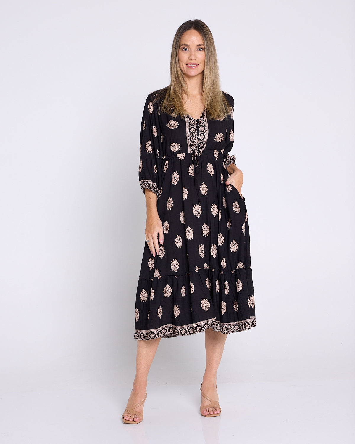 Ainsley Dress - Black/Bronze Flourish