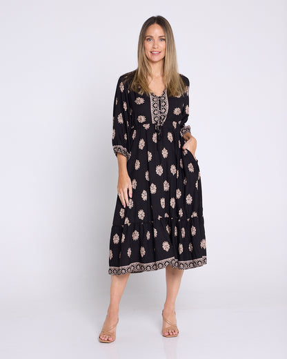 Ainsley Dress - Black/Bronze Flourish