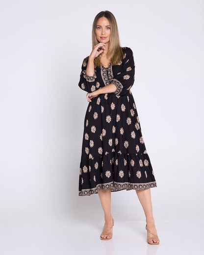 Ainsley Dress - Black/Bronze Flourish