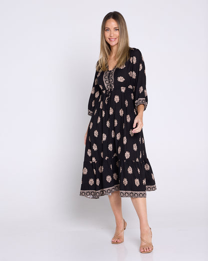 Ainsley Dress - Black/Bronze Flourish