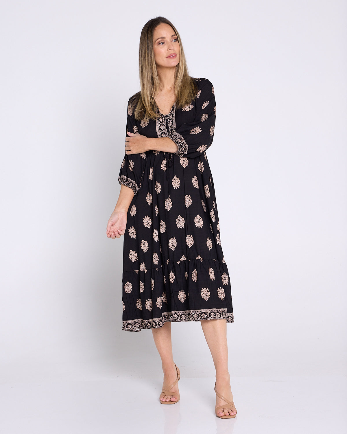 Ainsley Dress - Black/Bronze Flourish