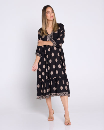 Ainsley Dress - Black/Bronze Flourish