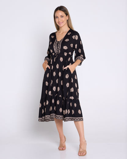 Ainsley Dress - Black/Bronze Flourish