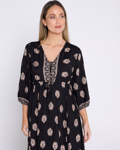 Ainsley Dress - Black/Bronze Flourish