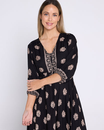 Ainsley Dress - Black/Bronze Flourish