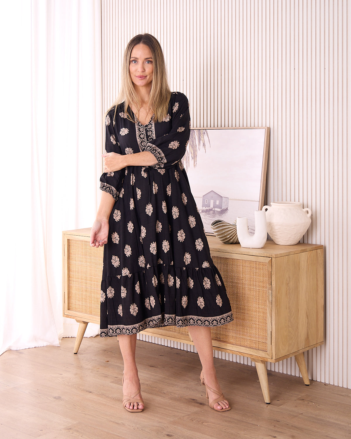 Ainsley Dress - Black/Bronze Flourish