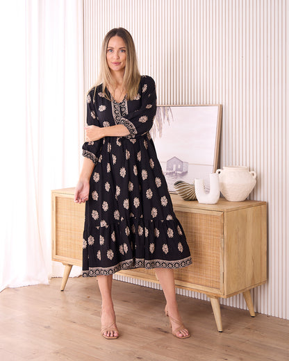 Ainsley Dress - Black/Bronze Flourish
