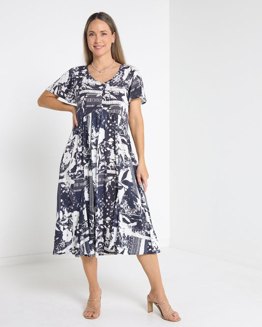 Cornwall Button Midi Dress in ink floral, front view with V neckline and flutter sleeves