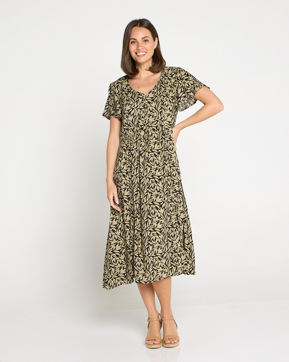 New Brighton Dress - Khaki Botanical