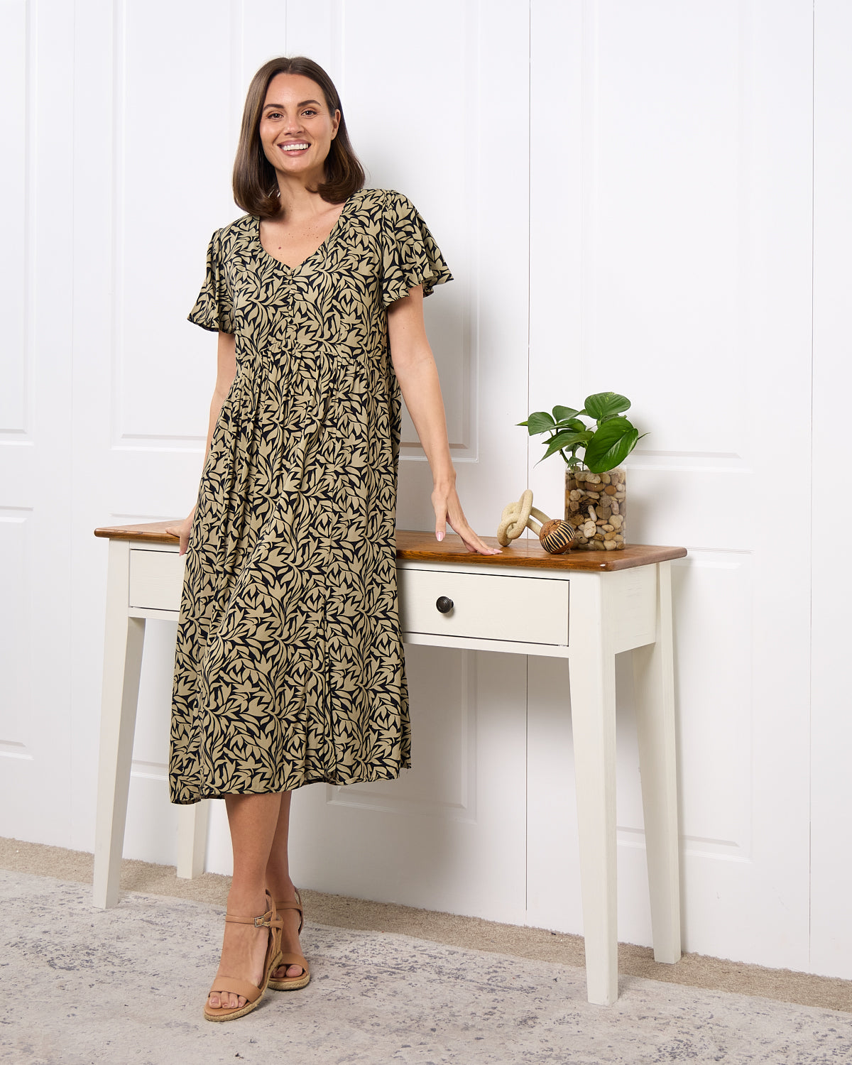 New Brighton Dress - Khaki Botanical