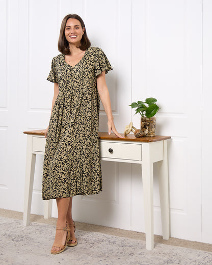 New Brighton Dress - Khaki Botanical