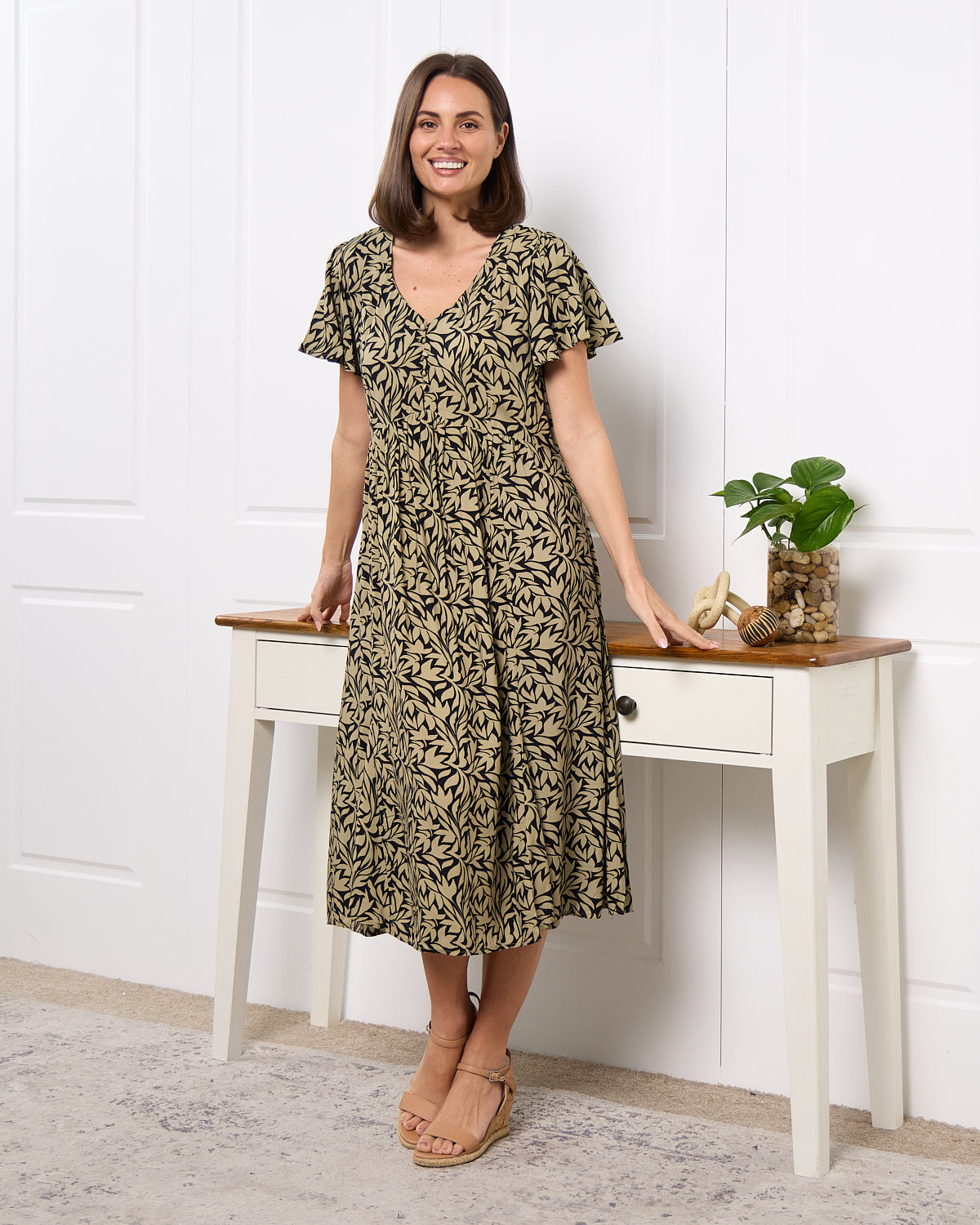 New Brighton Dress - Khaki Botanical