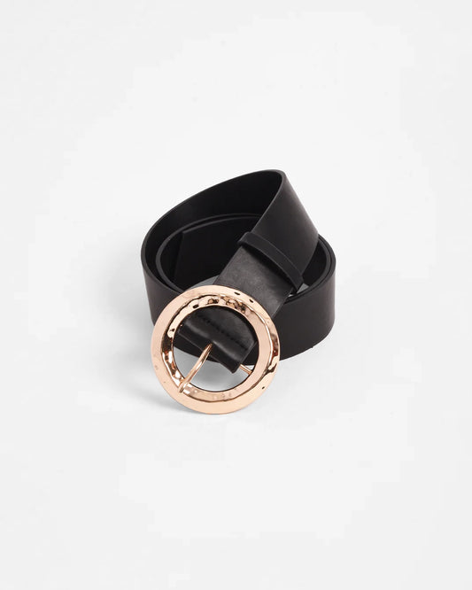 Textured Round Buckle Belt - Black/Gold