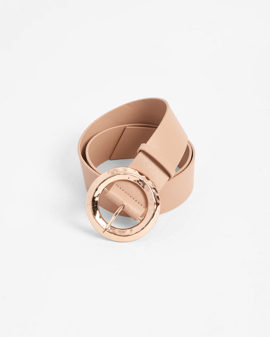 Textured Round Buckle Belt - Nude/Gold