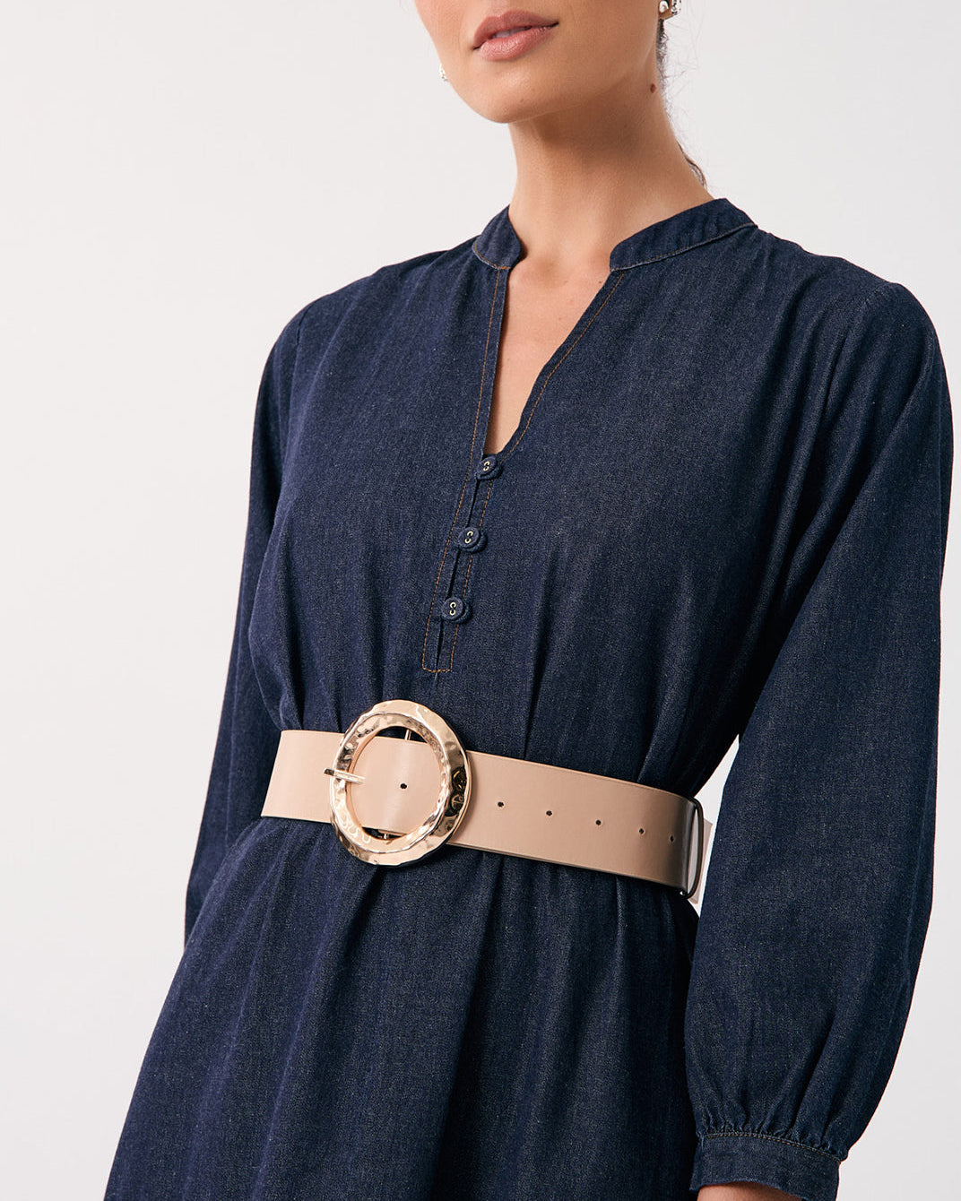 Textured Round Buckle Belt - Nude/Gold