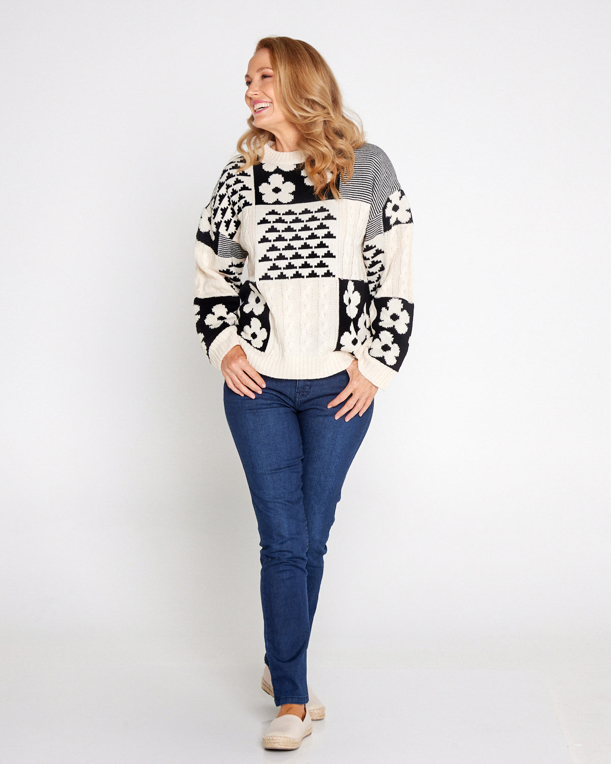 Abby Cable Knit - Cream/Black Floral Patch