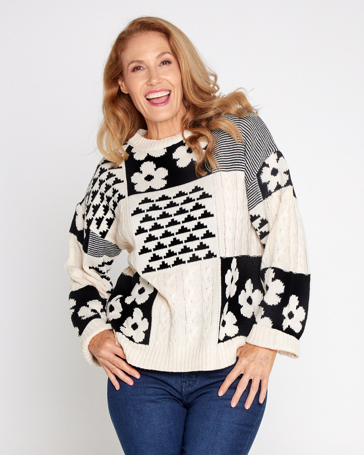 Abby Cable Knit - Cream/Black Floral Patch