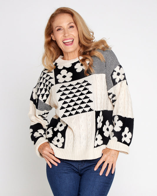Abby Cable Knit - Cream/Black Floral Patch